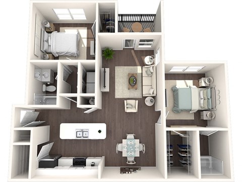 Floor plan for 2 beds, 2 baths, 1050 sqft